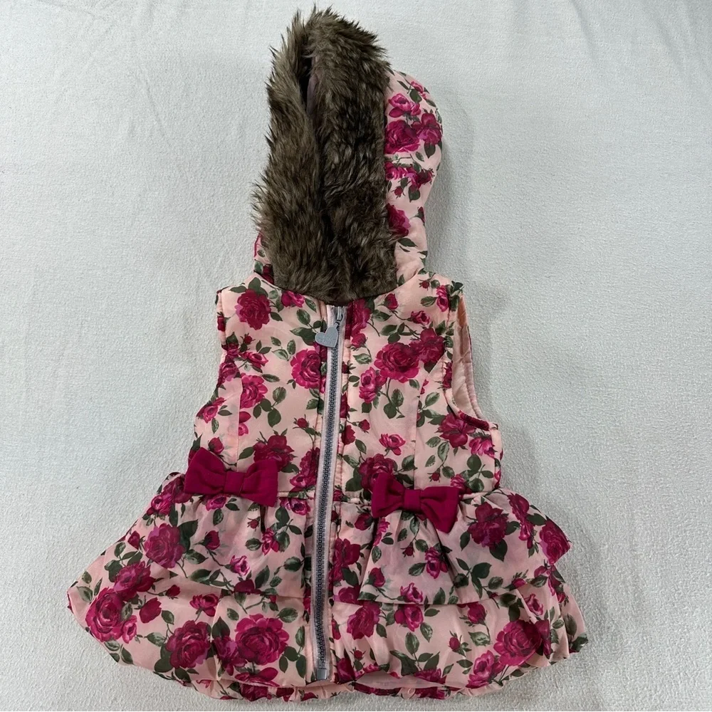 Betsey Johnson Pink Floral Kids Vest with Faux Fur Hood Sz 18 months